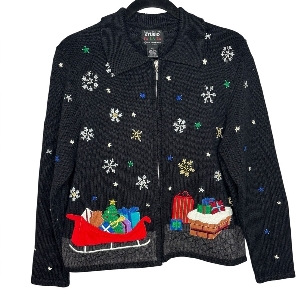 VTG Designers Studio Christmas Zip Cardigan Sweater Beaded Embroidered Santa P/M